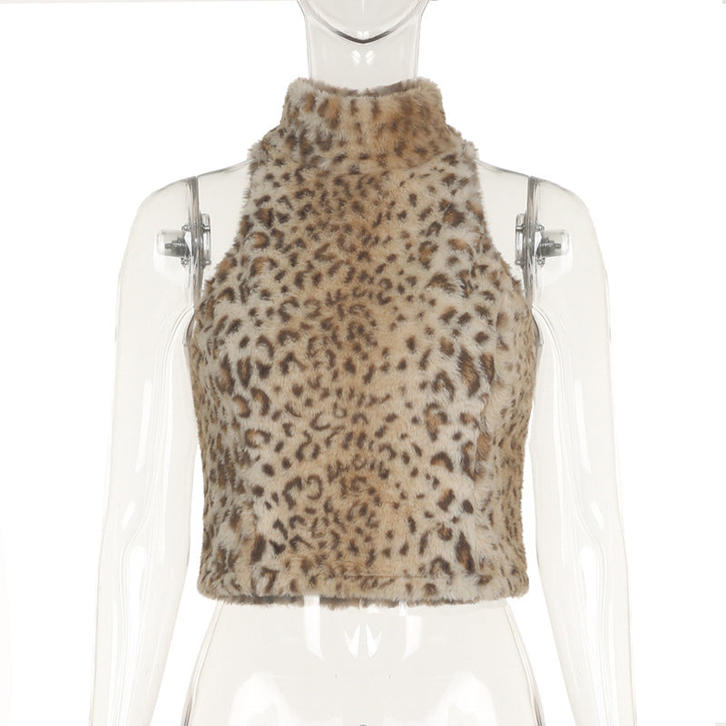 Mock Neck Leopard Print Furry Sleeveless Top