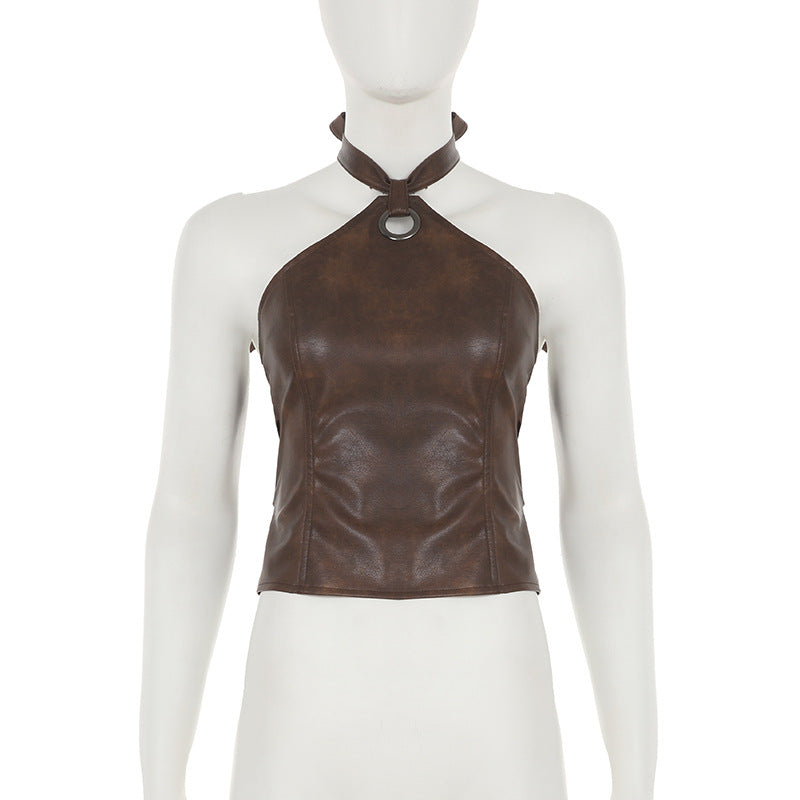 Faux Leather Cropped Halter Top