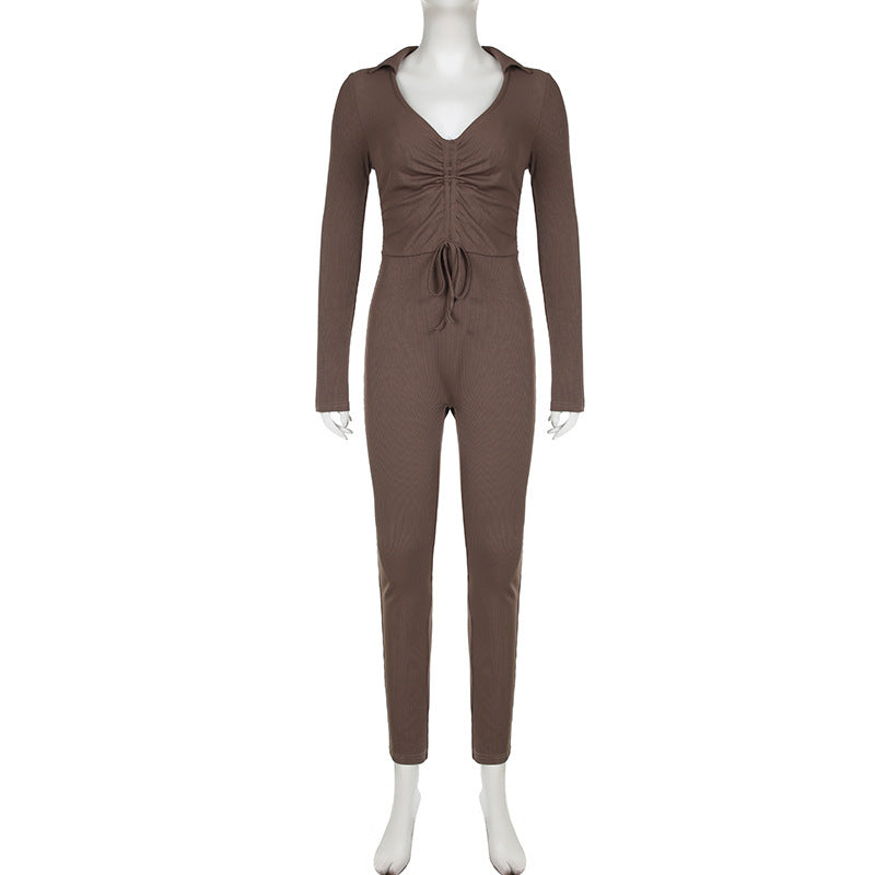 Long Sleeve Ruched Front Jumpsuit