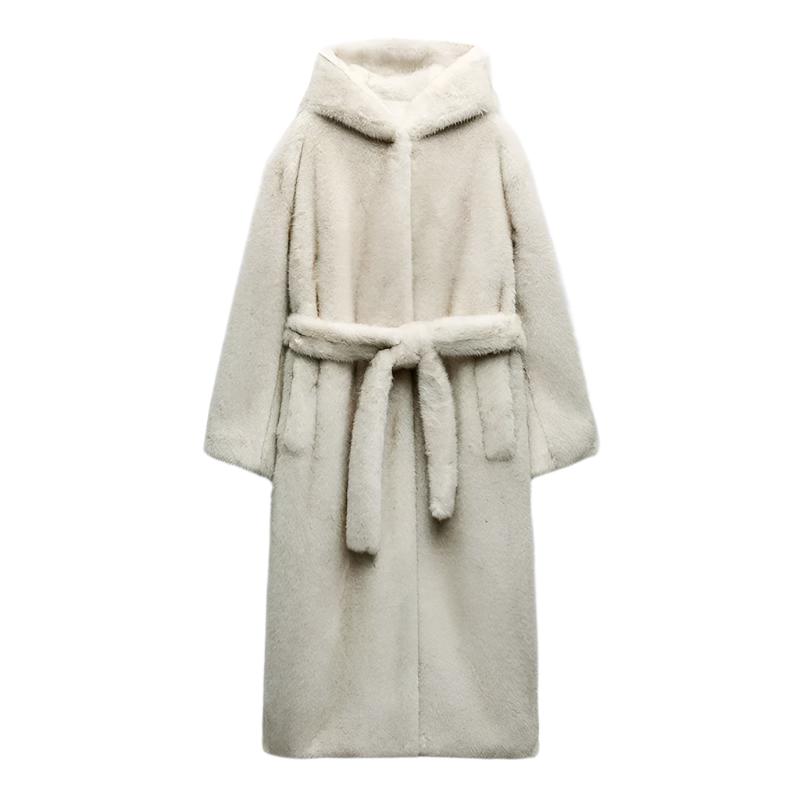 Faux Fur Belted Full Length Coat