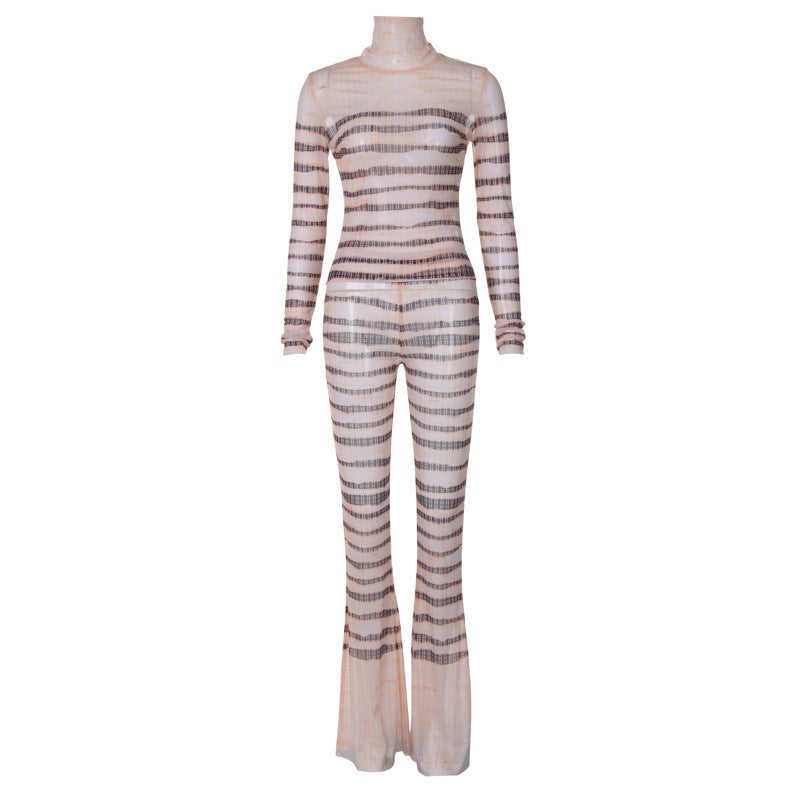 Sheer Striped Long Sleeve Top and Pants