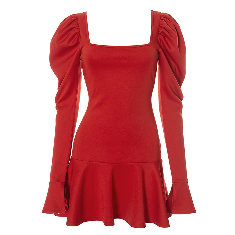 Puffy Long Sleeve Square Neckline Mini Dress