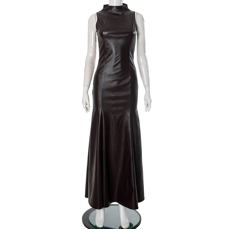 Mock Neck Fishtail Faux Leather Maxi Dress