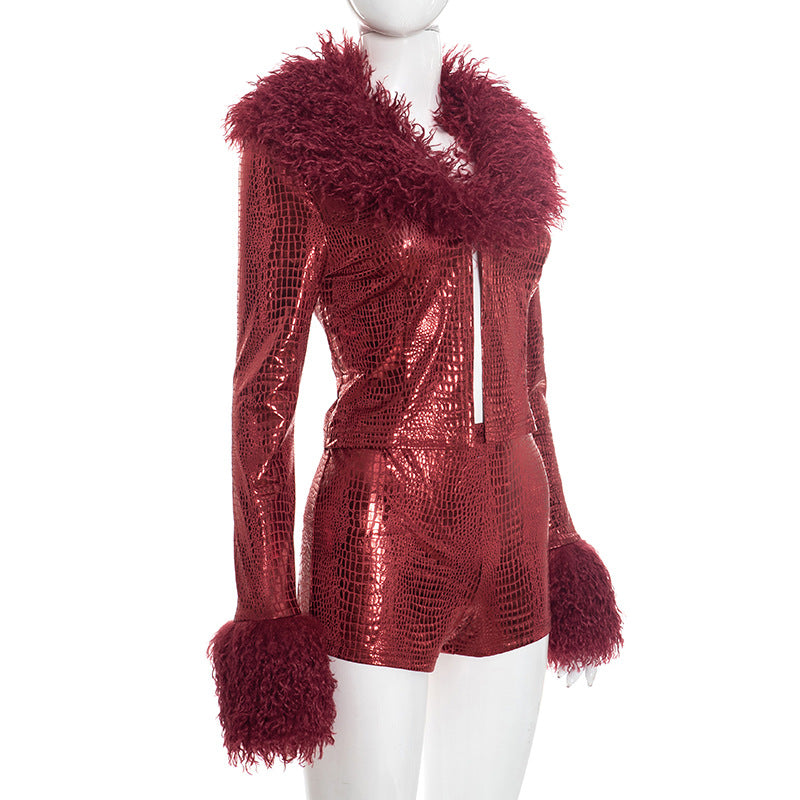 Fur Collar and Cuff Metallic Top and Hot Shorts Set