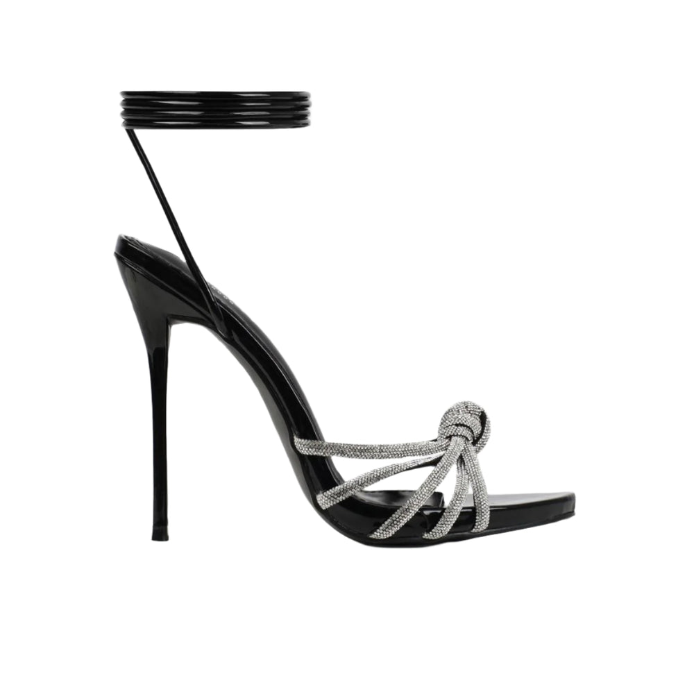 Rhinestone Knotted Strap Lace Up High Heels
