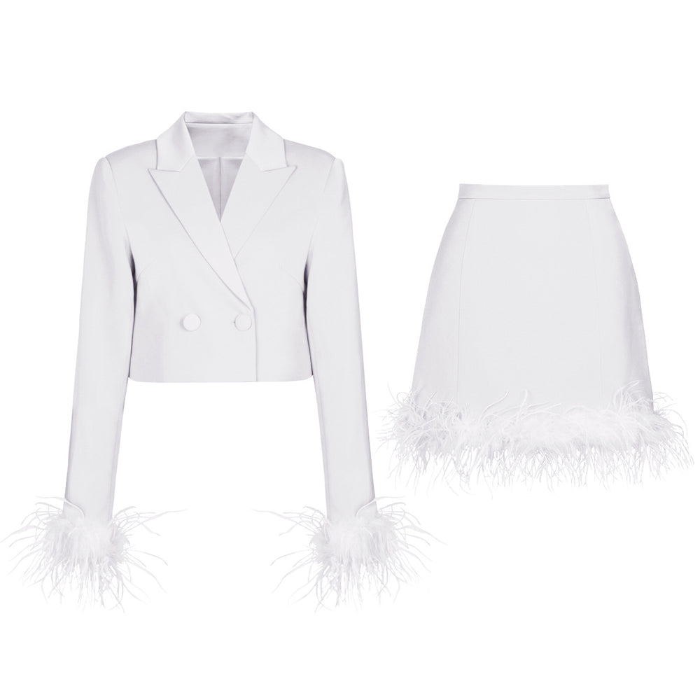 
                      
                        Feather Trim Blazer and Skirt Set
                      
                    