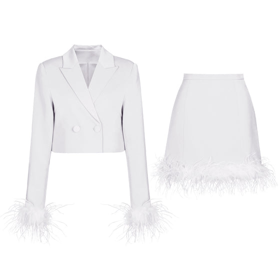 Feather Trim Blazer and Skirt Set