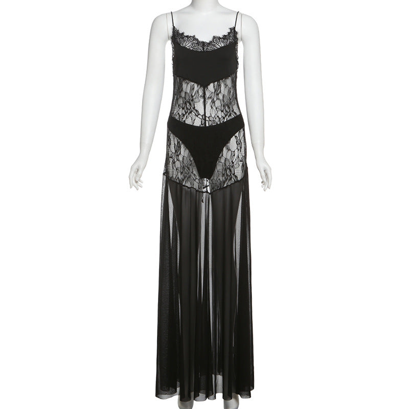 Sheer Lace Spaghetti Strap Maxi Dress