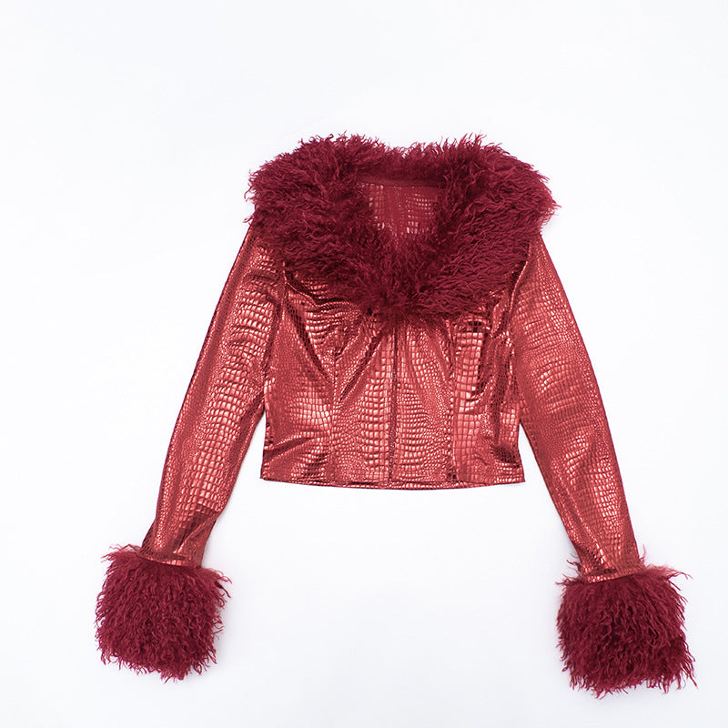 
                  
                    Fur Collar and Cuff Metallic Top and Hot Shorts Set
                  
                