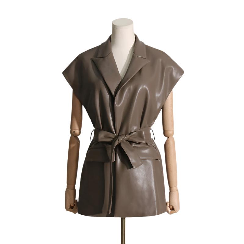 Collared V Neck Wrap Faux Leather Mini Dress