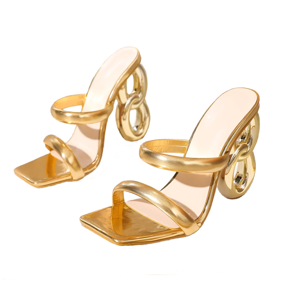 Gold Ring Stacked Heel Open Toe Mules