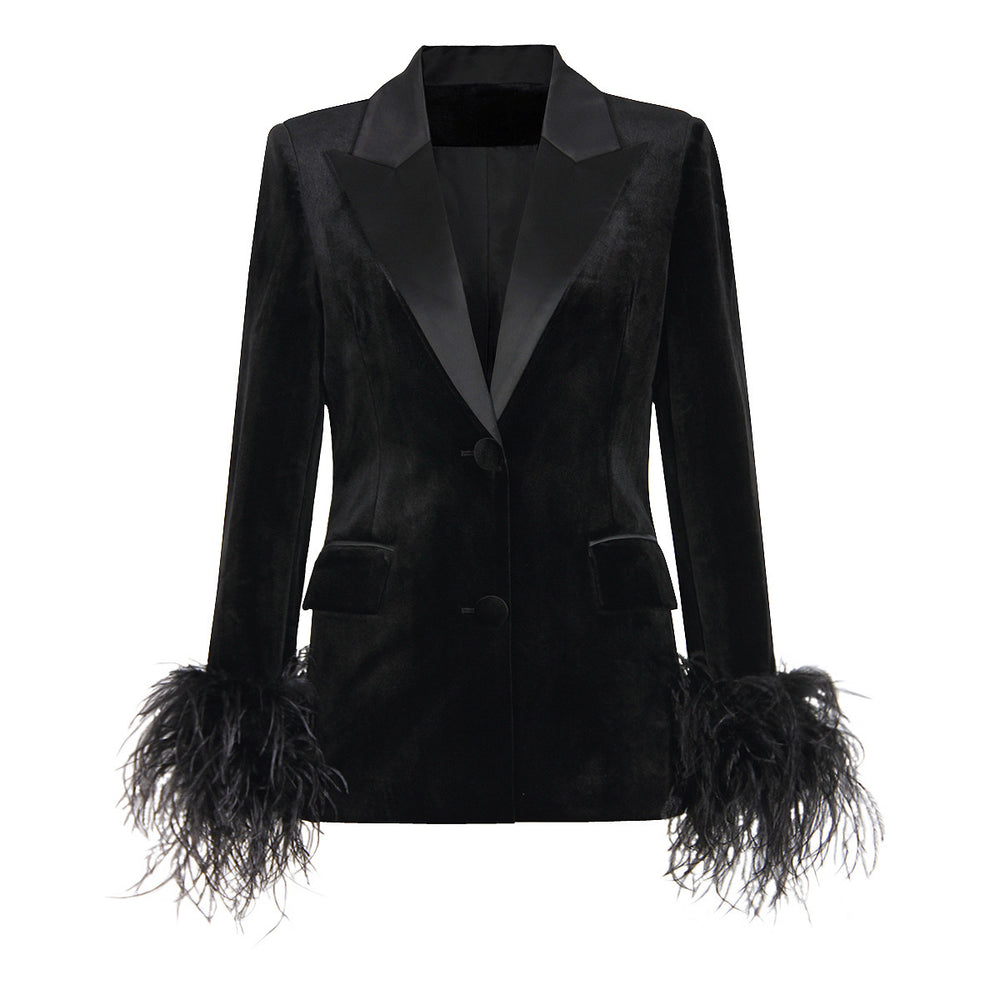 
                      
                        Feather Trim Deep V Velvet Blazer
                      
                    