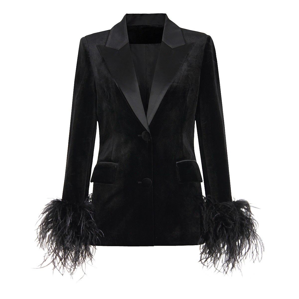 Feather Trim Deep V Velvet Blazer