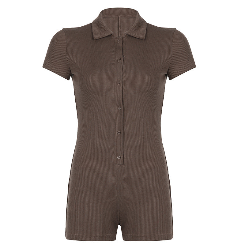 
                      
                        Short Sleeve Ribbed Button Up Romper
                      
                    