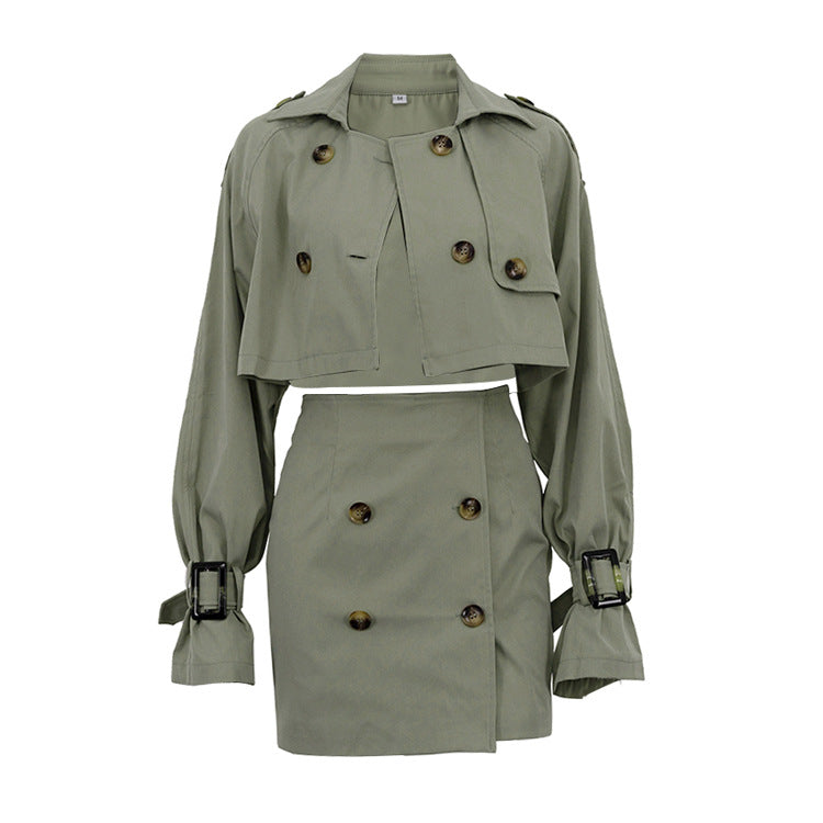 Double Breasted Trench Style Top and Skirt Set