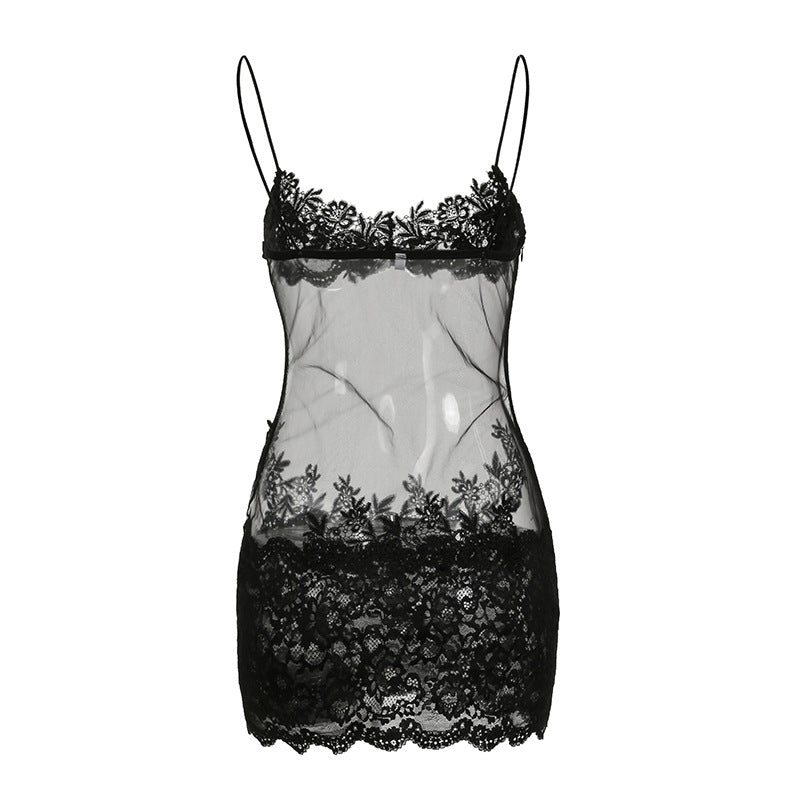 Mesh Lace Lace Spaghetti Strap Sheer Dress