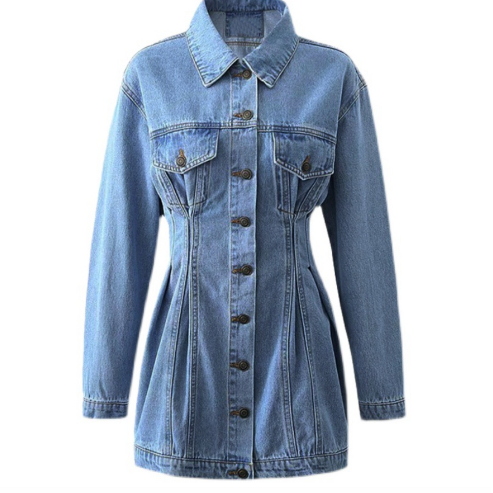 
                      
                        Long Sleeve Button Up Cinched Waist Denim Mini Dress
                      
                    