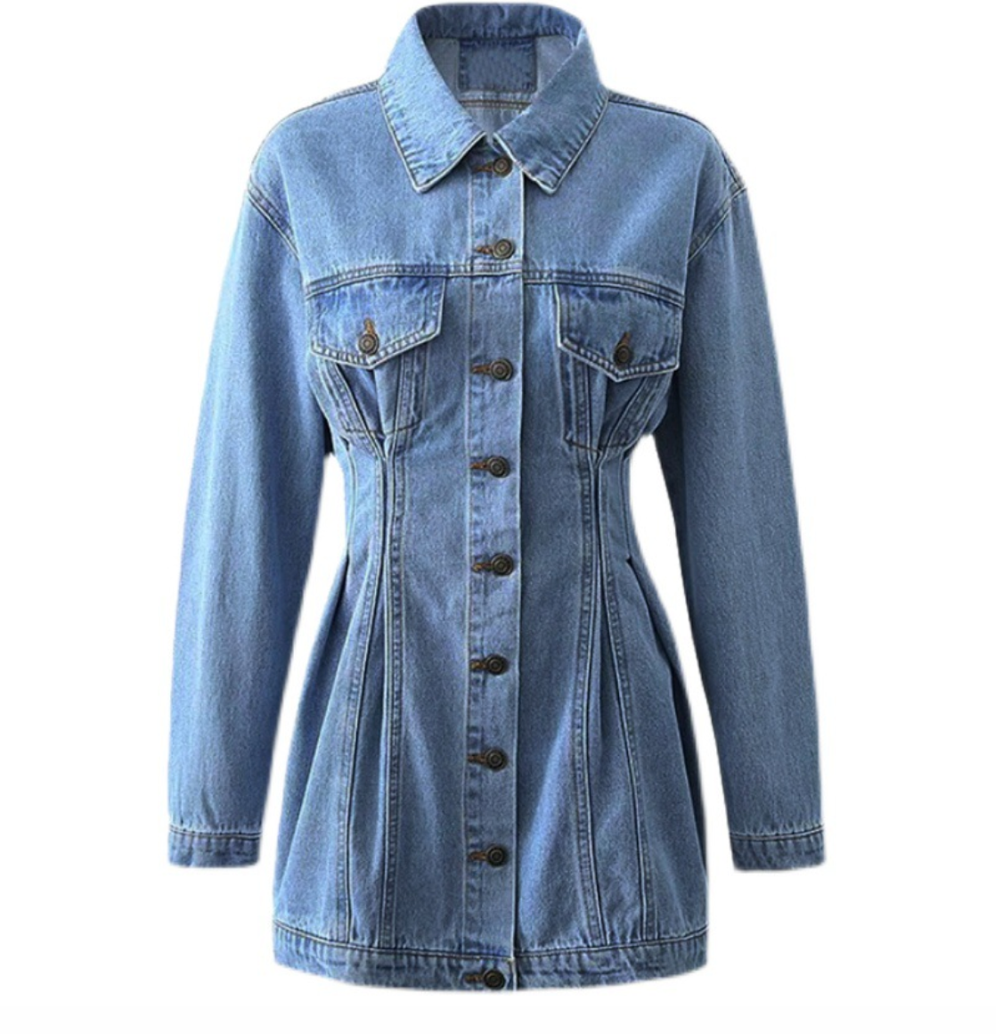 Long Sleeve Button Up Cinched Waist Denim Mini Dress