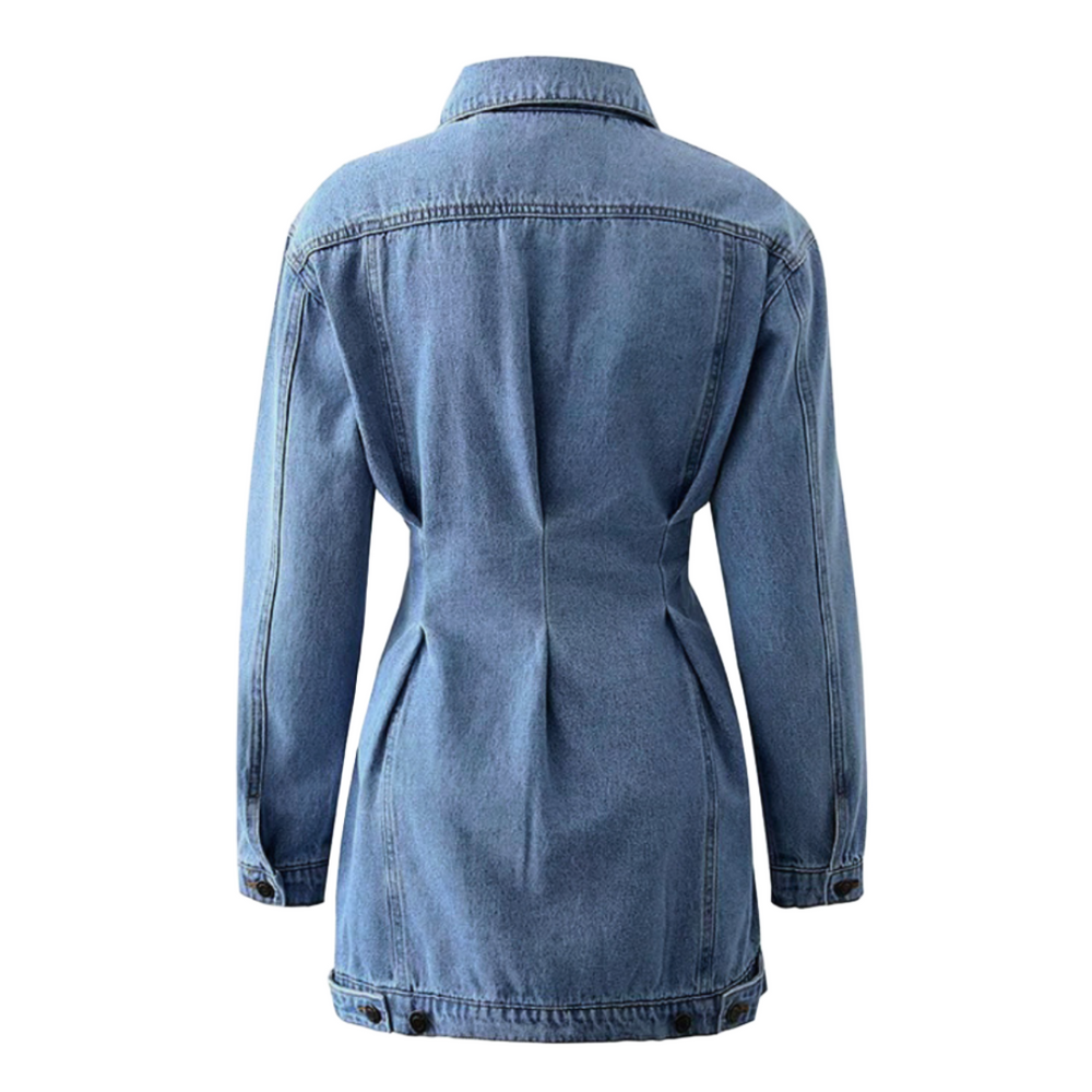 
                      
                        Long Sleeve Button Up Cinched Waist Denim Mini Dress
                      
                    