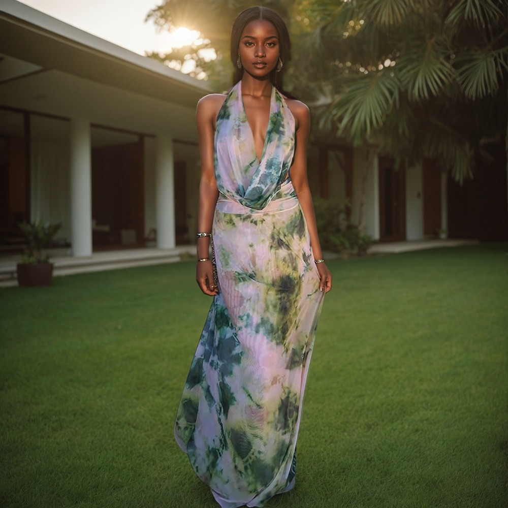 Deep V Tie Dye Print Top and Maxi Skirt Set