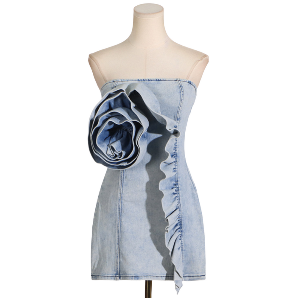 
                      
                        Giant Rosette Accent Denim Strapless Mini Dress
                      
                    