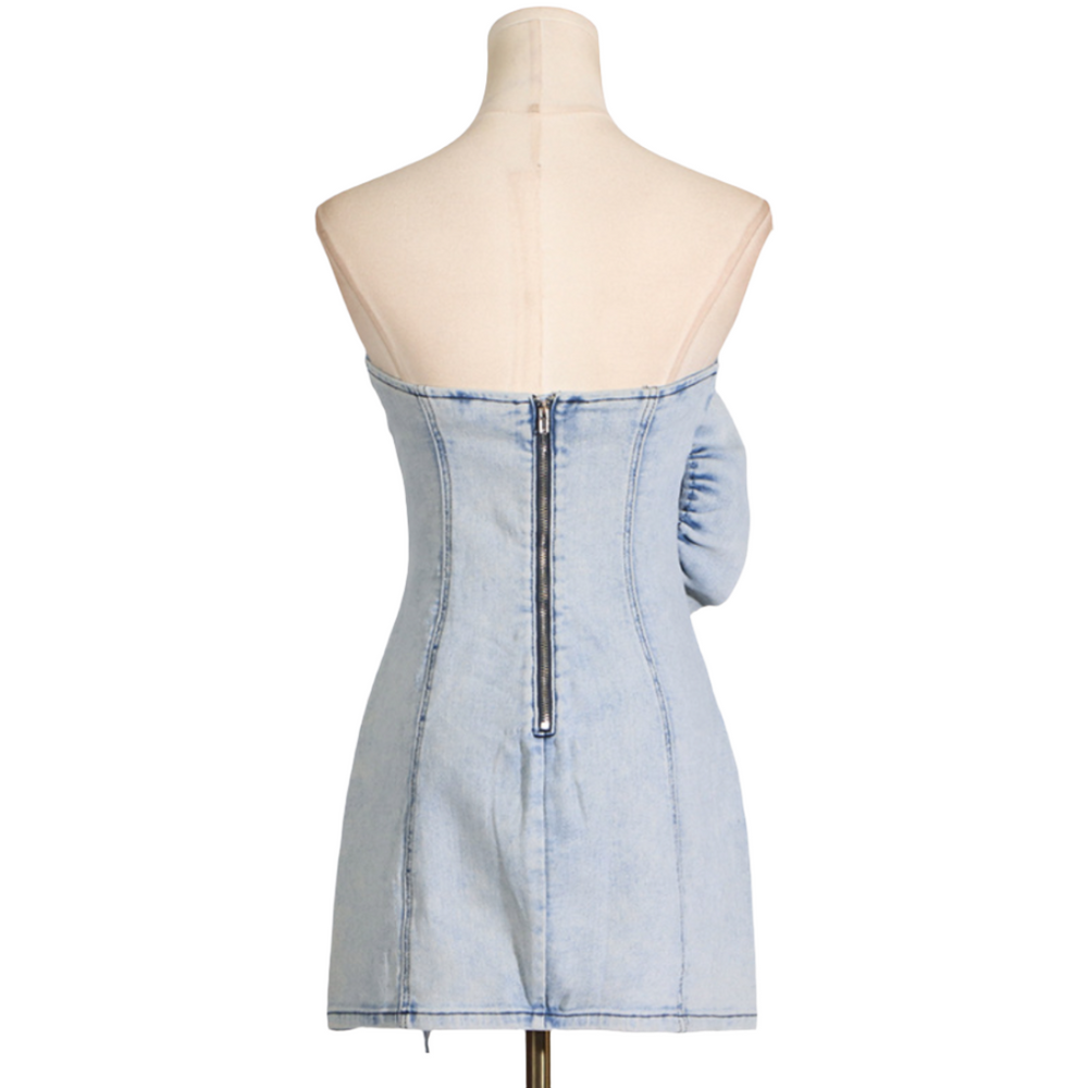 
                      
                        Giant Rosette Accent Denim Strapless Mini Dress
                      
                    