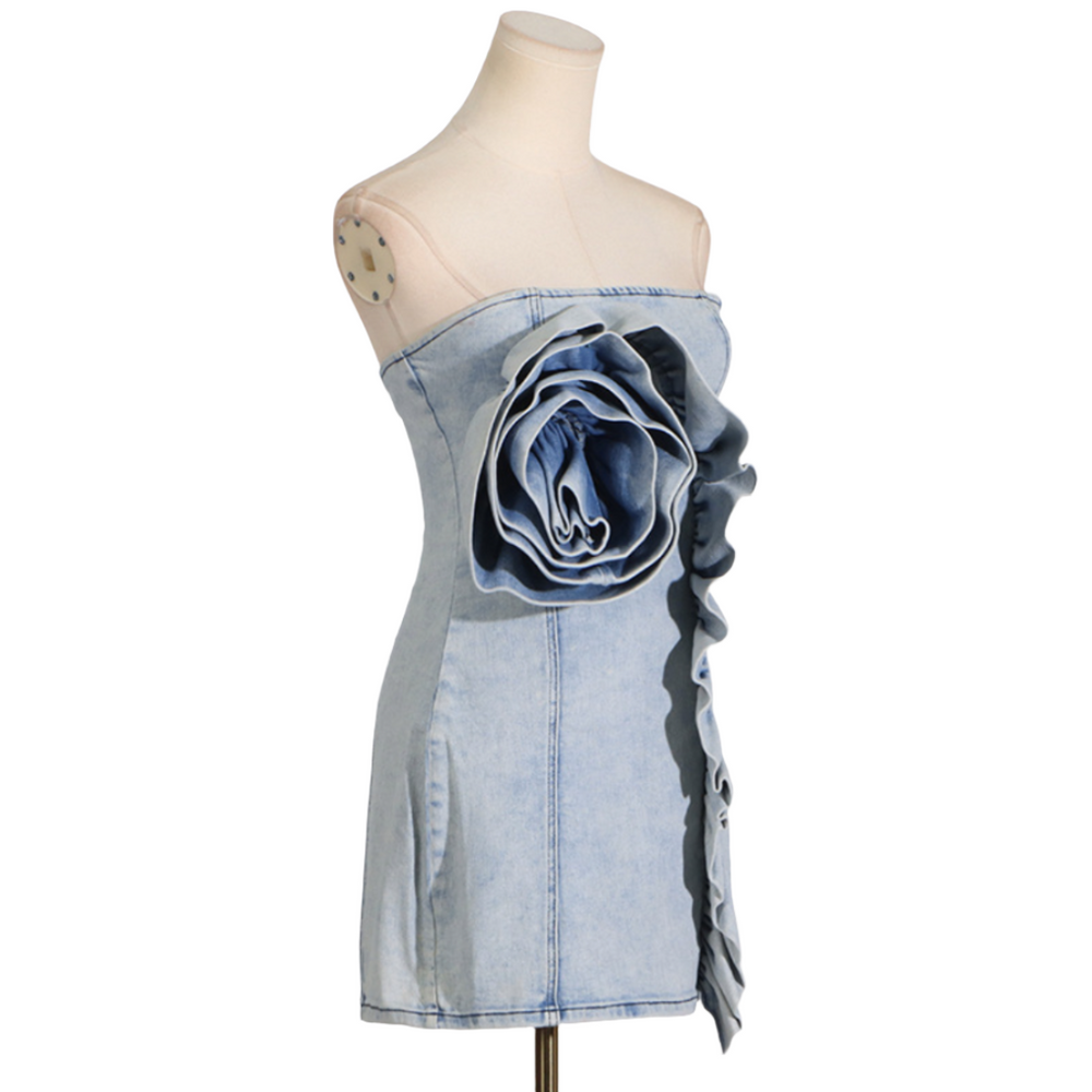 
                      
                        Giant Rosette Accent Denim Strapless Mini Dress
                      
                    