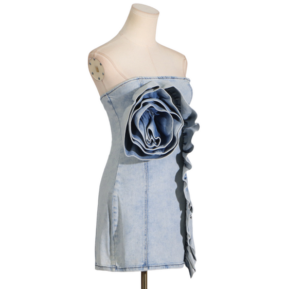 Giant Rosette Accent Denim Strapless Mini Dress