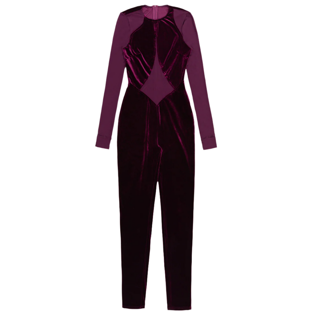 
                      
                        Velvet and Sheer Panel Patchwork Jumpsuit
                      
                    