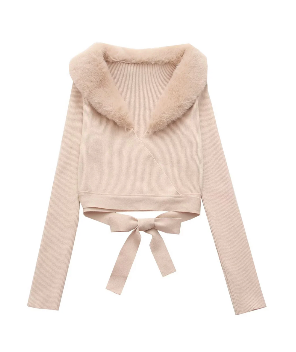 Fur Collar Long Sleeve Ribbed Sweater