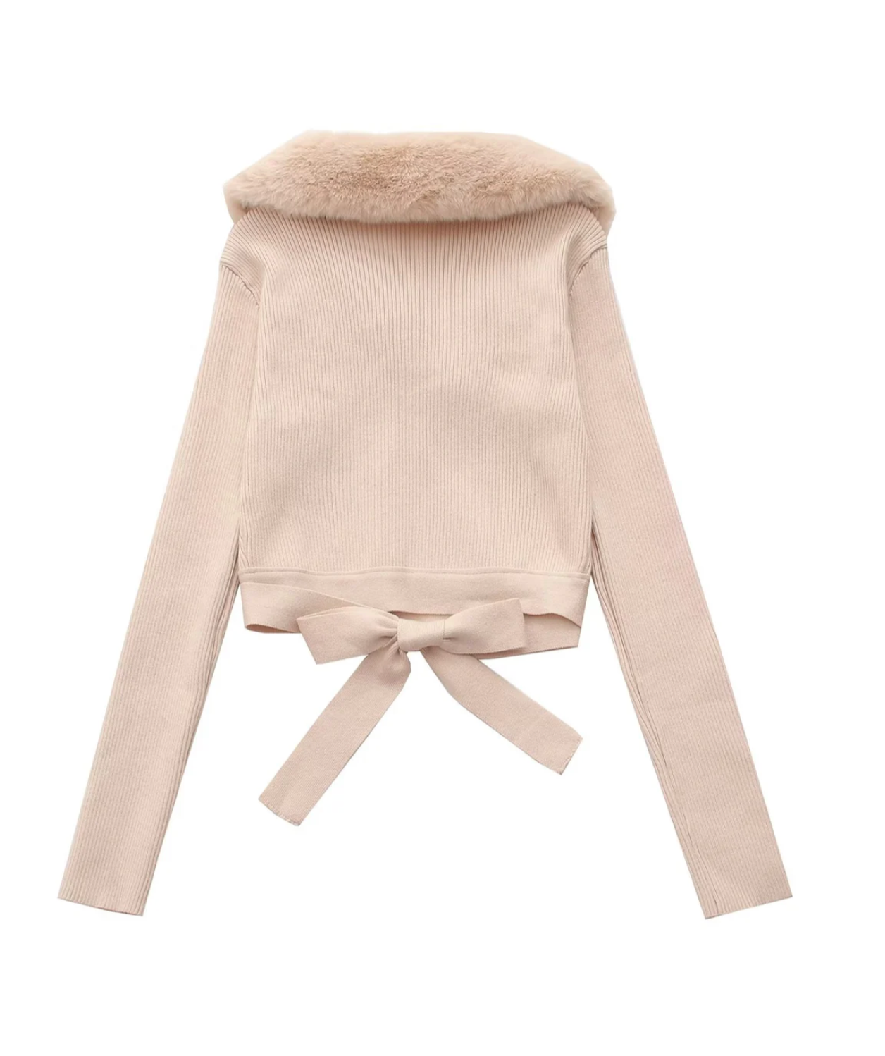 Fur Collar Long Sleeve Ribbed Sweater