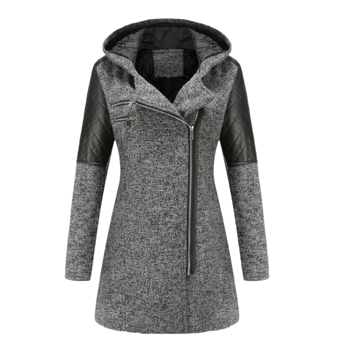 Hooded Woolen and Leather Patchwork Coat