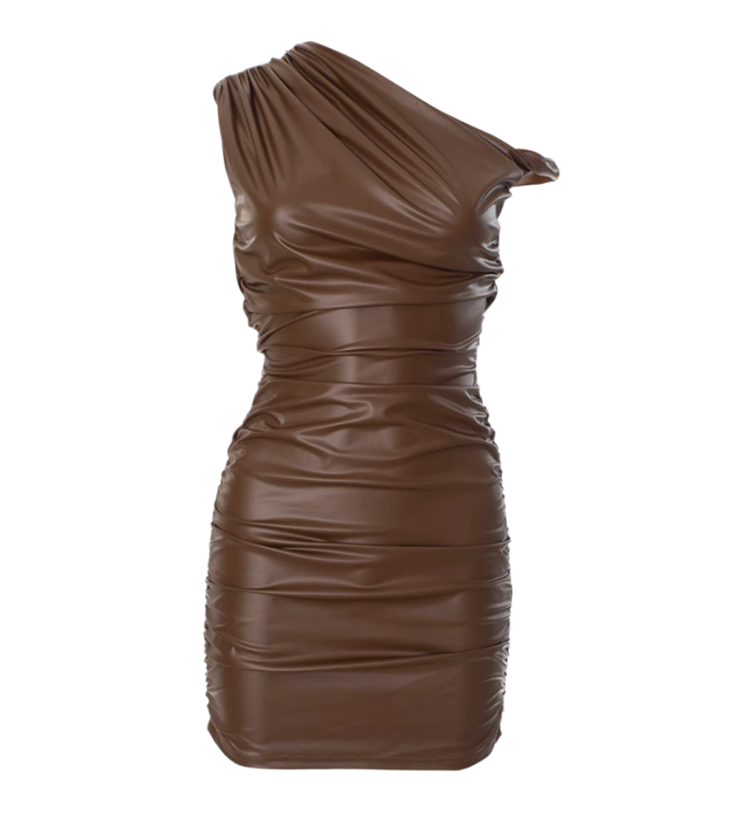 Asymmetric Neckline Faux Leather Mini Dress