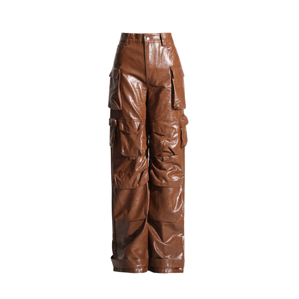 High Waist PU Cargo Pants