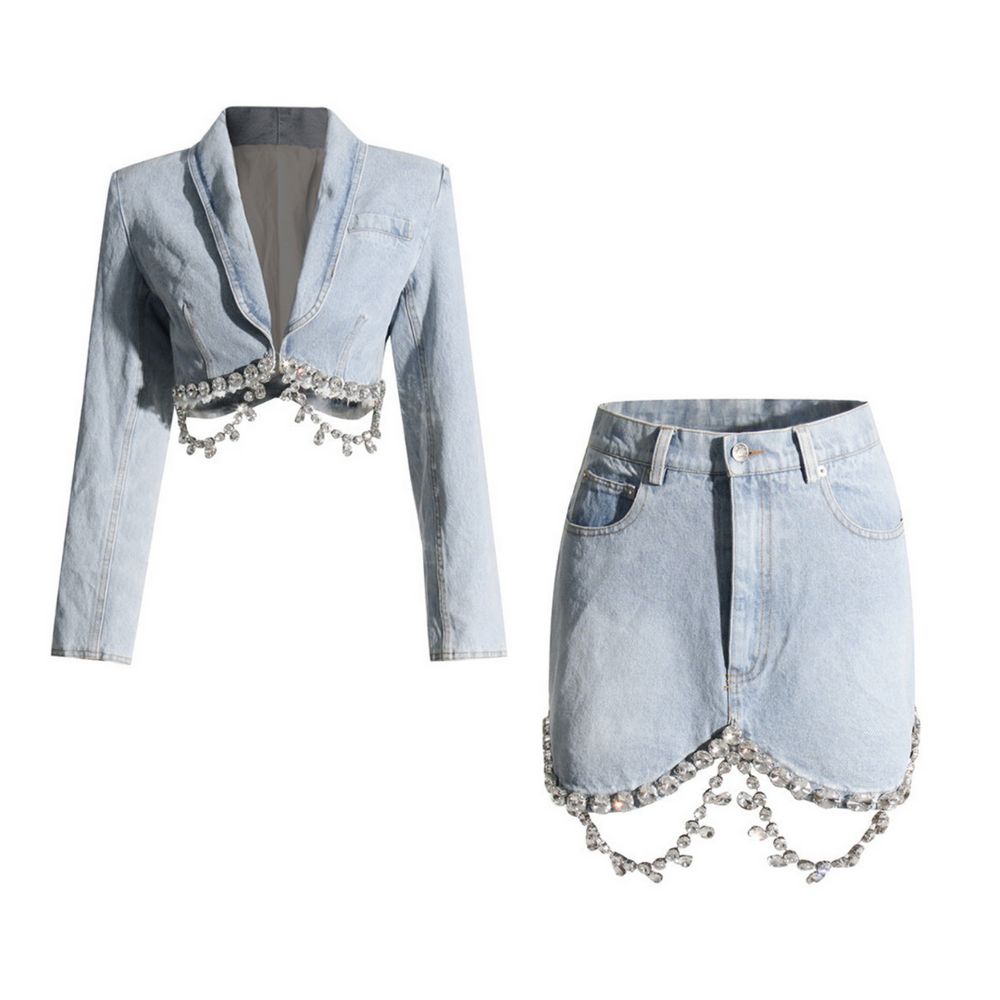 Rhinestone Hem Cropped Denim Jacket and Mini Skirt