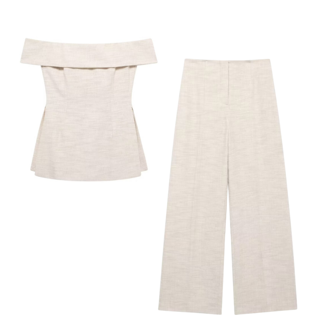 Off the Shoulder Linen Top and Matching Pants Set