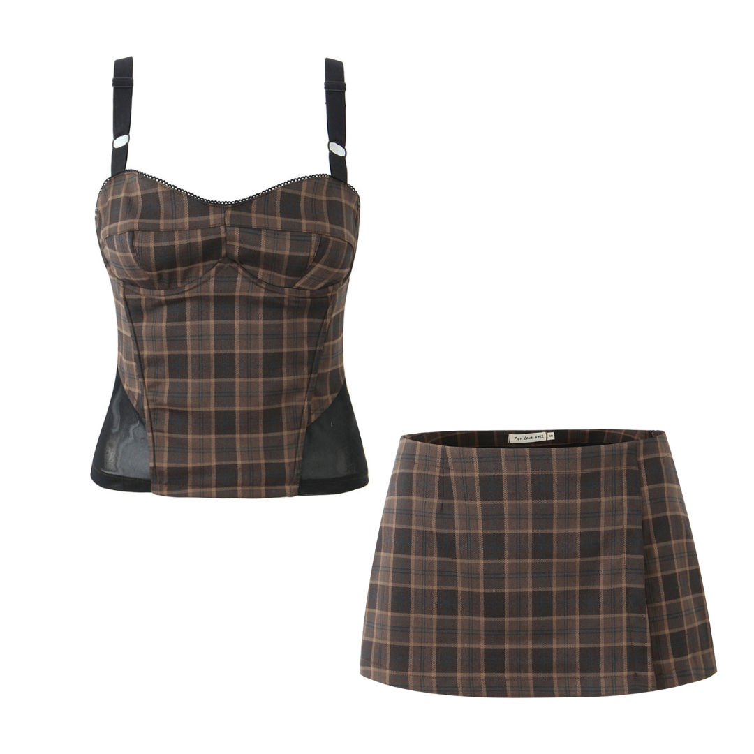 Plaid Sleeveless Tank Top and Mini Skirt Set