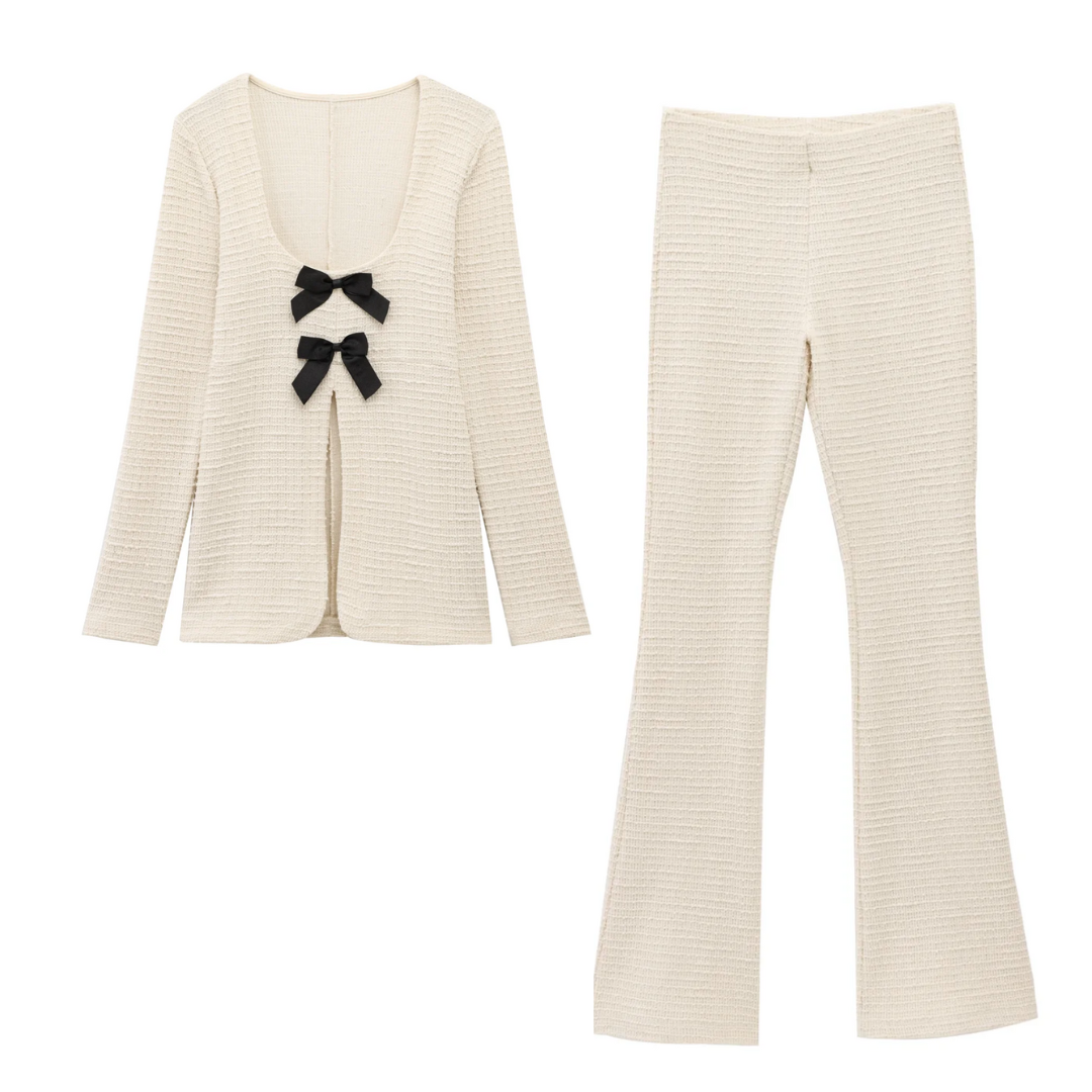 Knit Bowknot Sweater and Matching Flare Pants Set