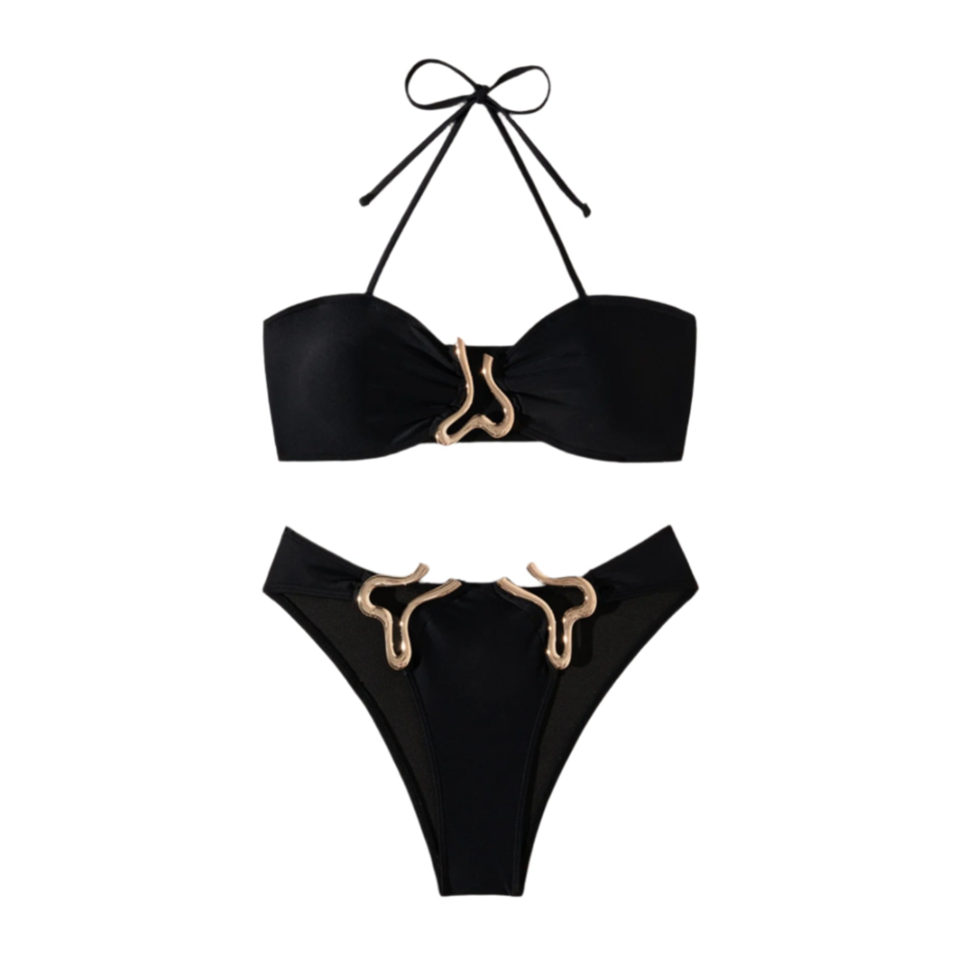 Gold Metal Abstract Trim Bikini Set