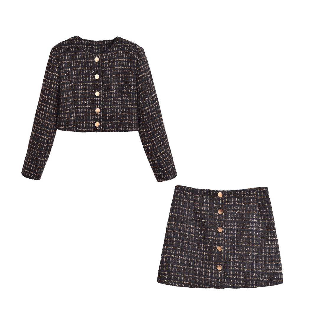 Tweed Long Sleeve Button Down Jacket and Mini Skirt Set