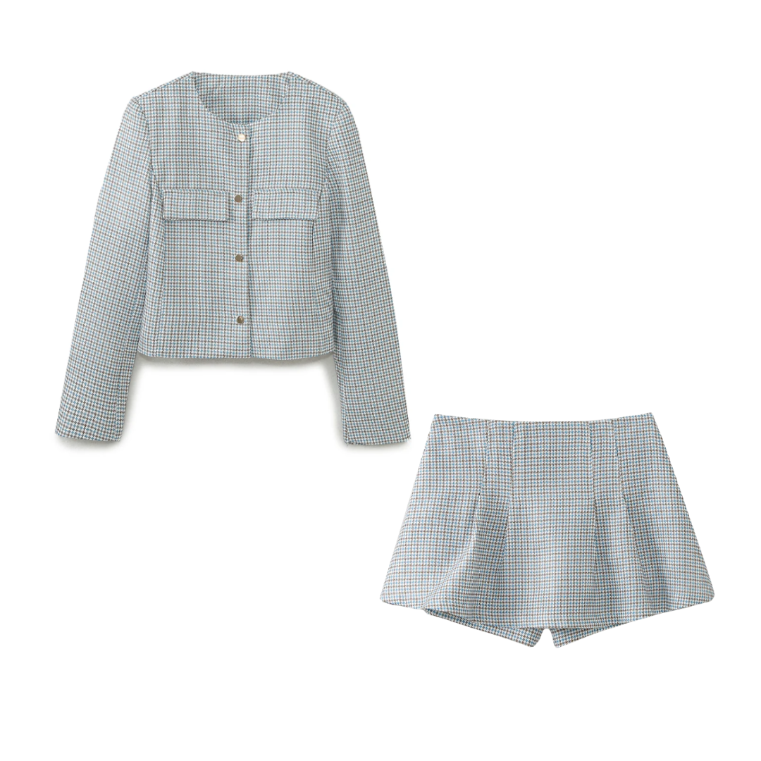 Houndstooth Long Sleeve Button Down Top and Pleated Skirt