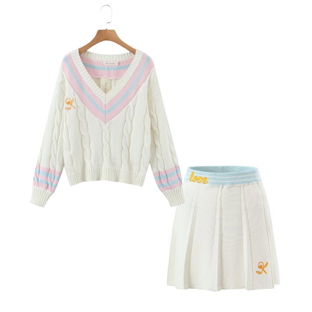 
                      
                        Embroidered Cable Knit Sweater and Pleated Skirt
                      
                    