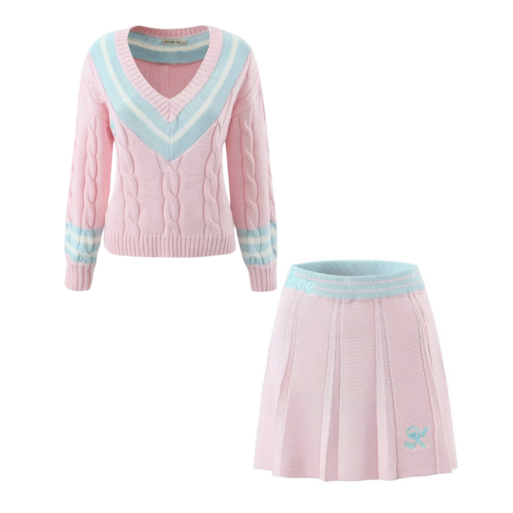 Embroidered Cable Knit Sweater and Pleated Skirt