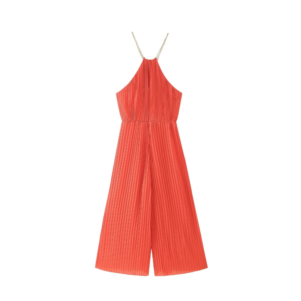 
                      
                        Chain Strap Pleated Halter Jumpsuit
                      
                    