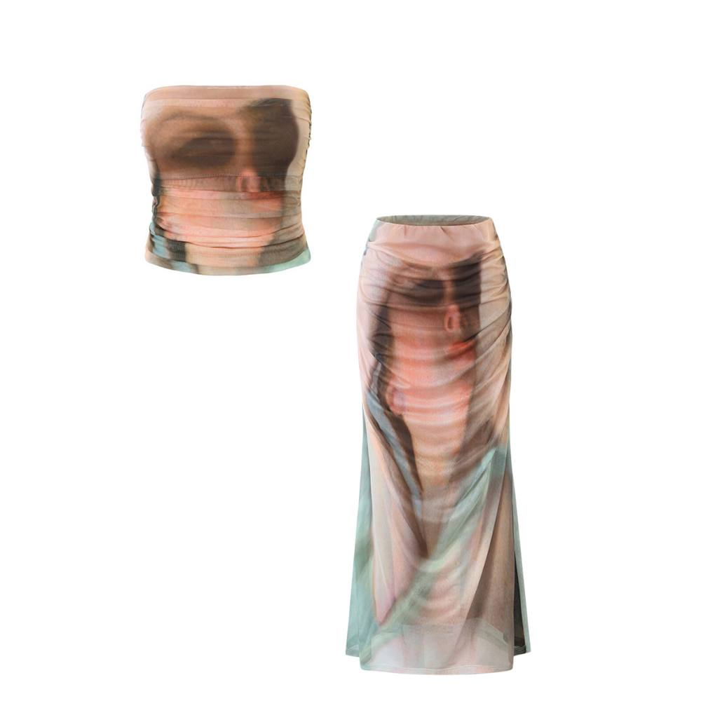 
                      
                        Graphic Printed Mesh Tube Top and Matching Skirt Set
                      
                    