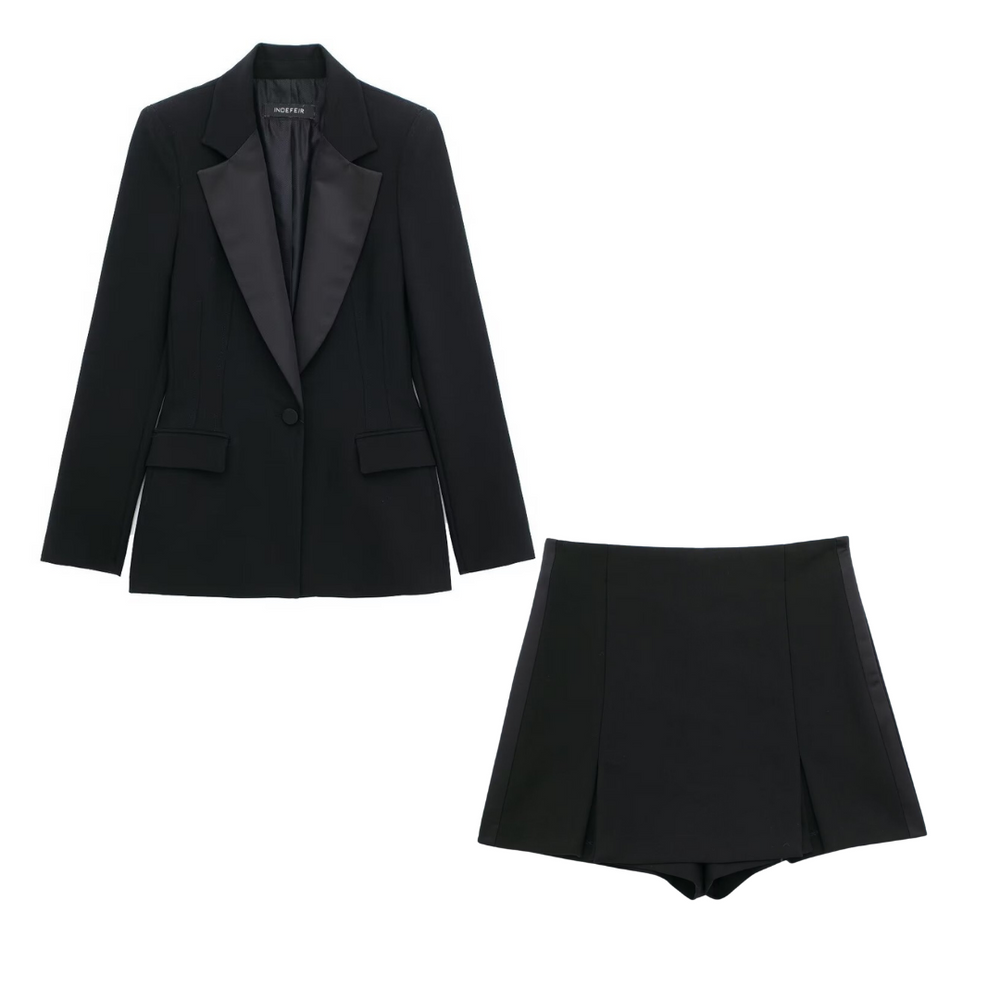 
                      
                        Satin Lapel Deep V Tuxedo Blazer and Shorts Set
                      
                    