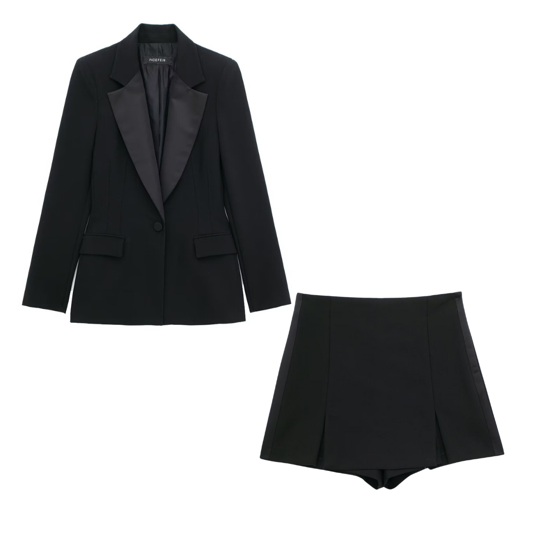 Satin Lapel Deep V Tuxedo Blazer and Shorts Set