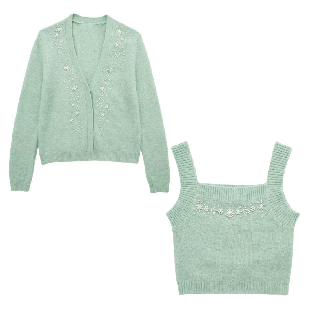 V-Neck Embellished Cardigan and Knit Cami Set