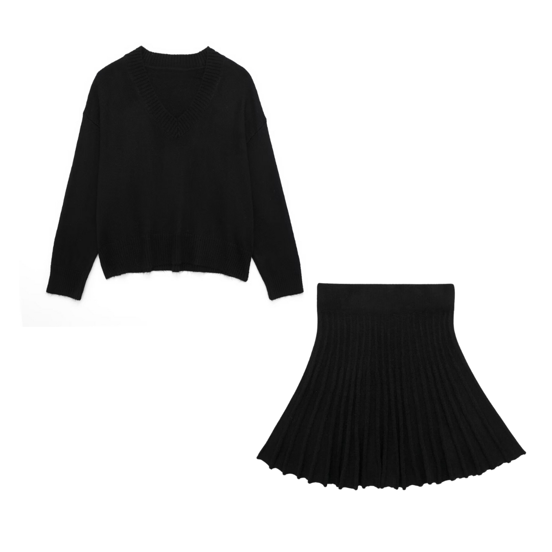 V-Neck Sweater and Pleated Skirt Set