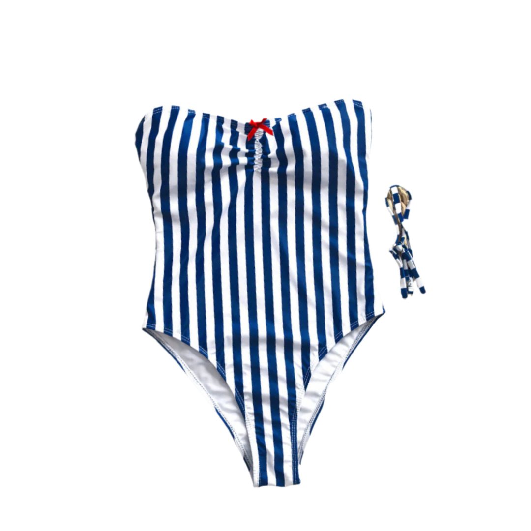 One Piece Striped Strapless Swimsuit